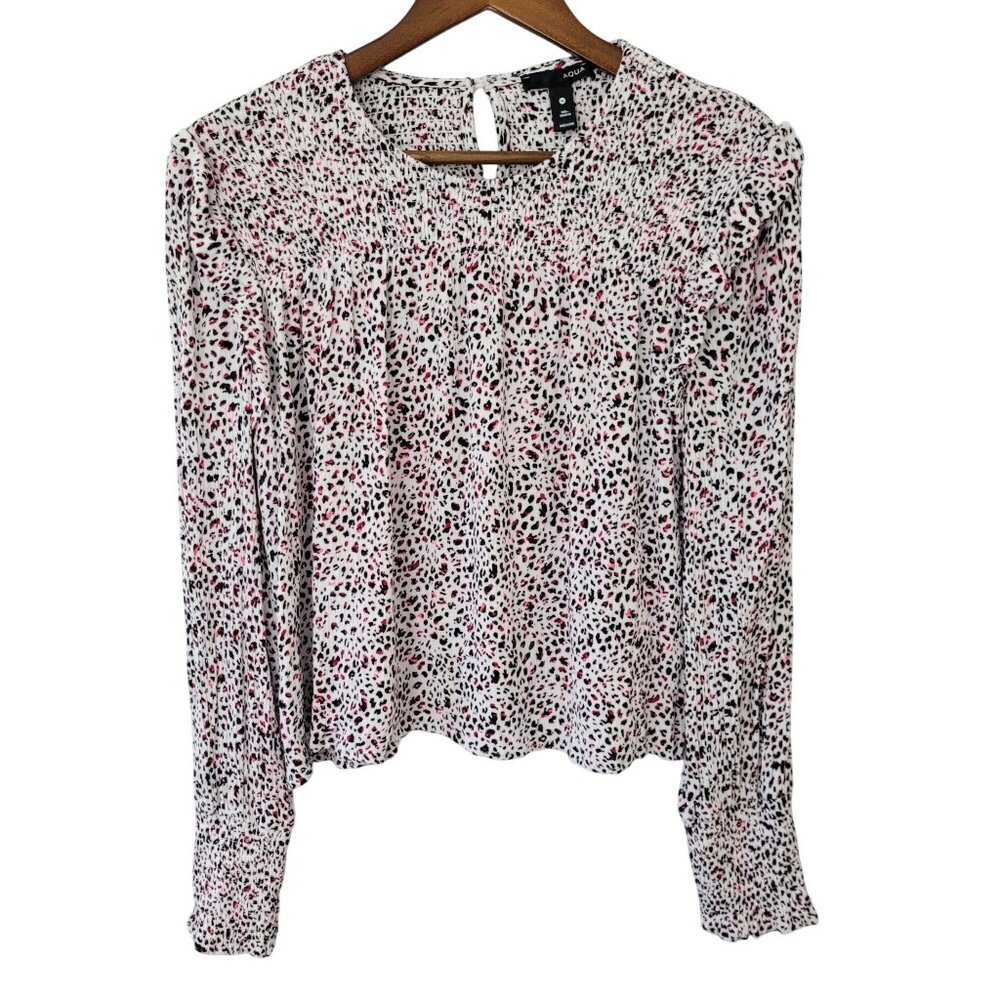 Aqua Smocked Leopard Print Blouse Top Womens Sz M White Pink Black Long Sleeve